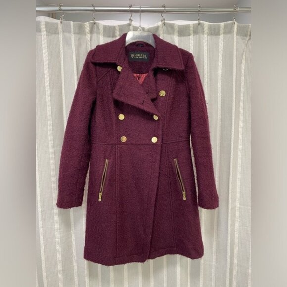Guess‎ Los Angeles Fuzzy Pea Coat Wine Burgundy Size M - Picture 1 of 16